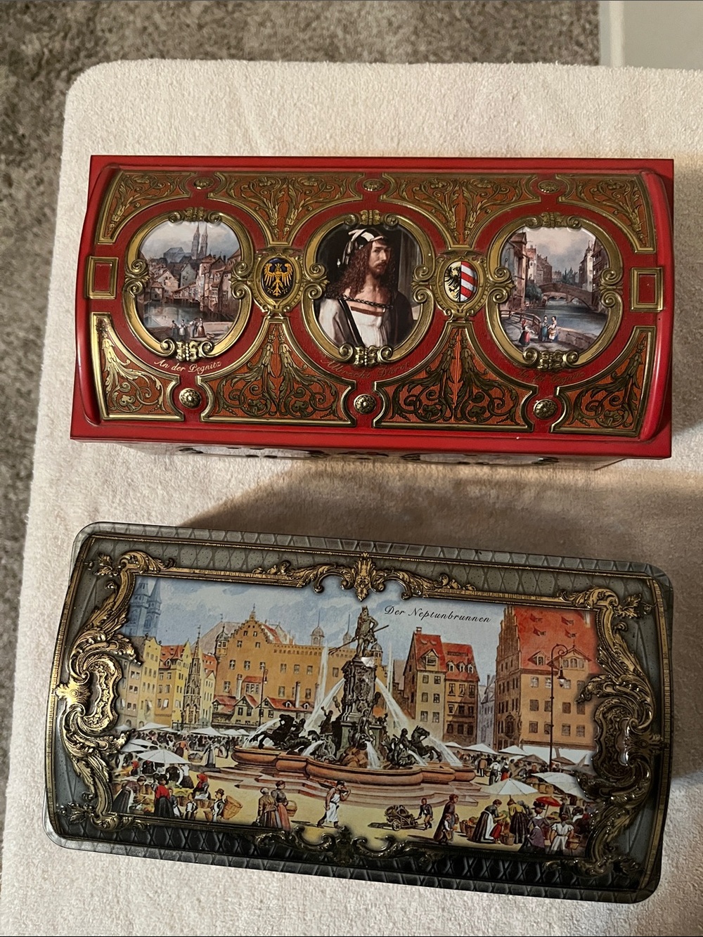 Vintage European Scenic Decorative Tin Set - Red and Gold Accents